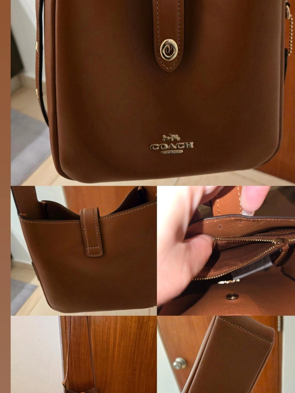 COACH Tan Brown Leather Crossbody Bag with Gold Logo